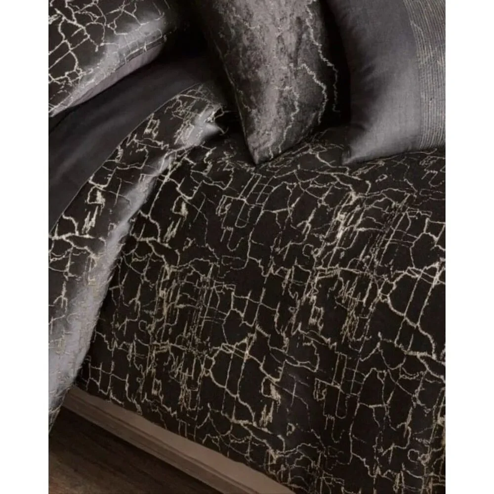 Donna Karan King Duvet Cover Black Gold Textured Onyx Collection Luxury Bedding